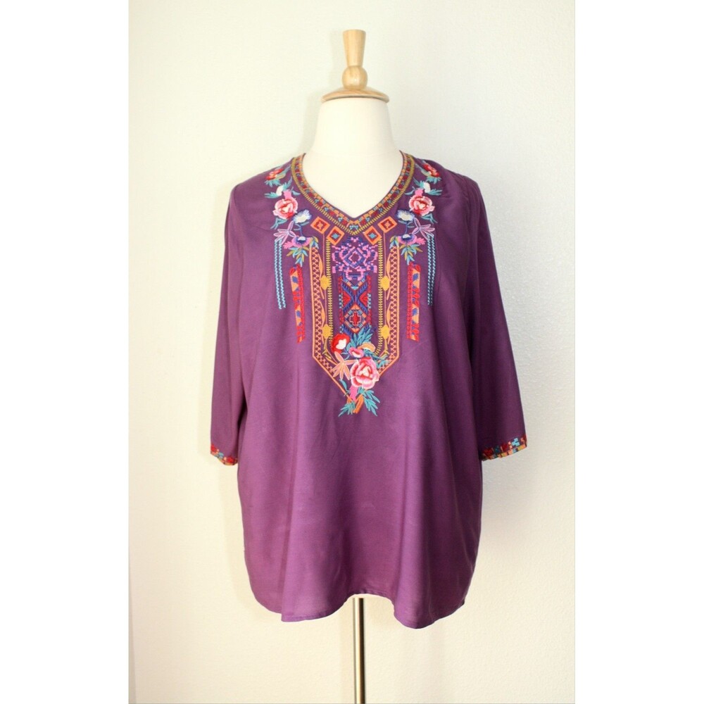 NWT LAURA KLEIN Casual BOHO Tunic Top 3/4 Sl. Purple / Embroidered ~ Sz. 3XL #03